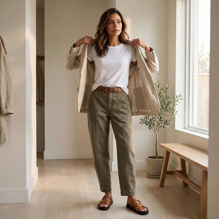 Woman styling khaki utility pants with a white tee and blazer indoors