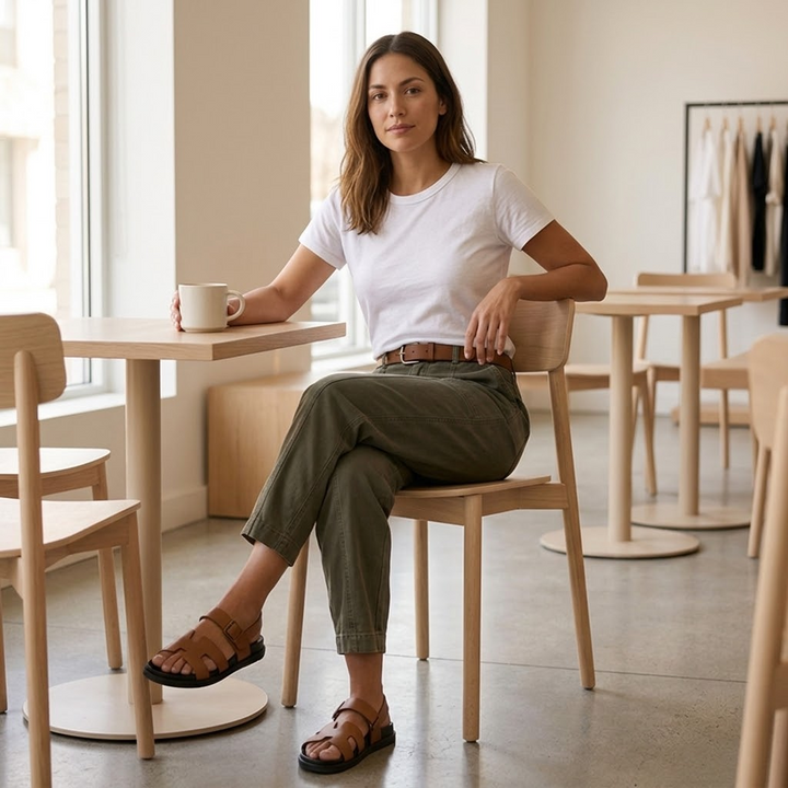 Side view of women high waist tapered utility pants showing fit