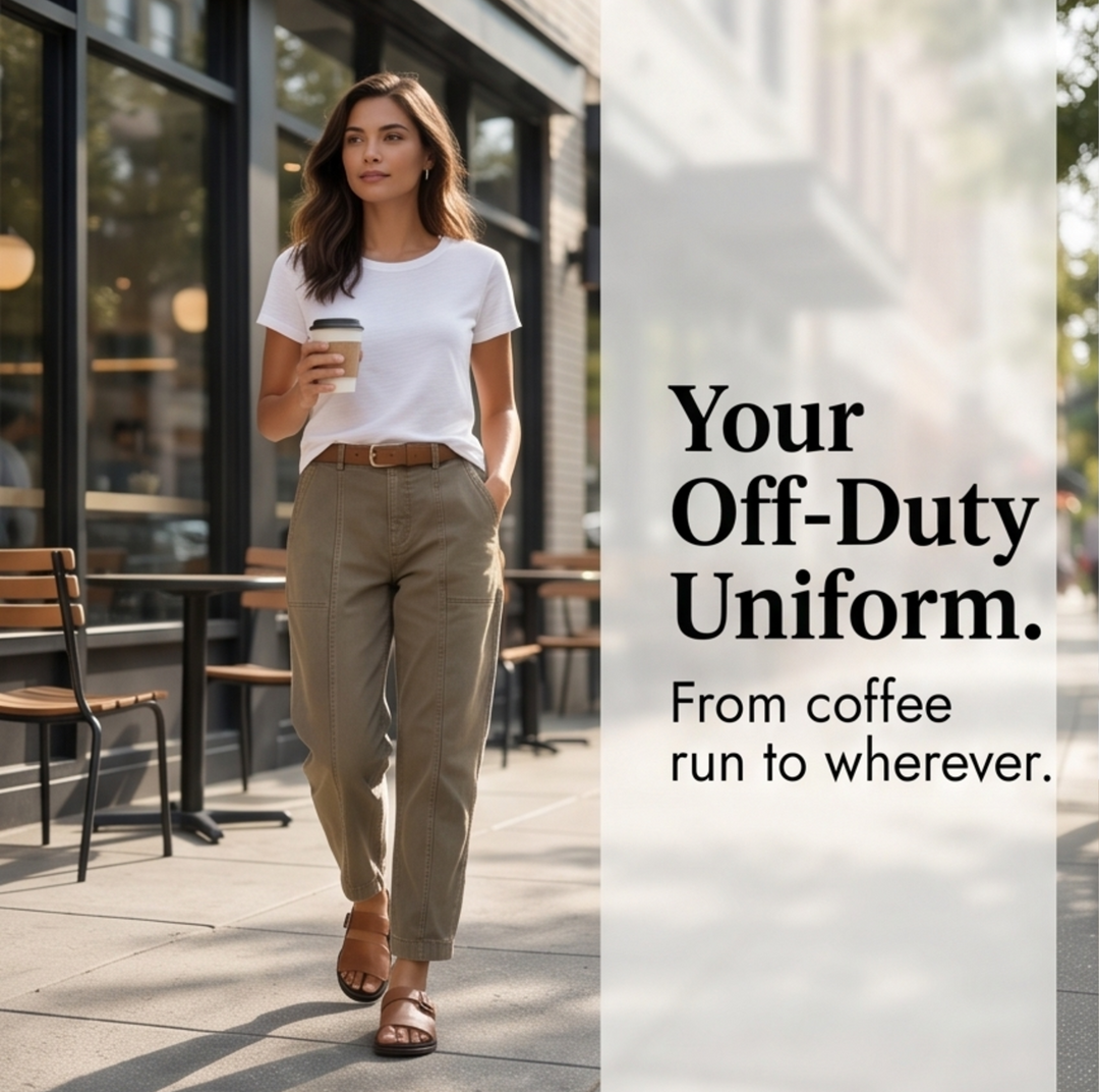 Back view of khaki utility pants for women with back pockets
