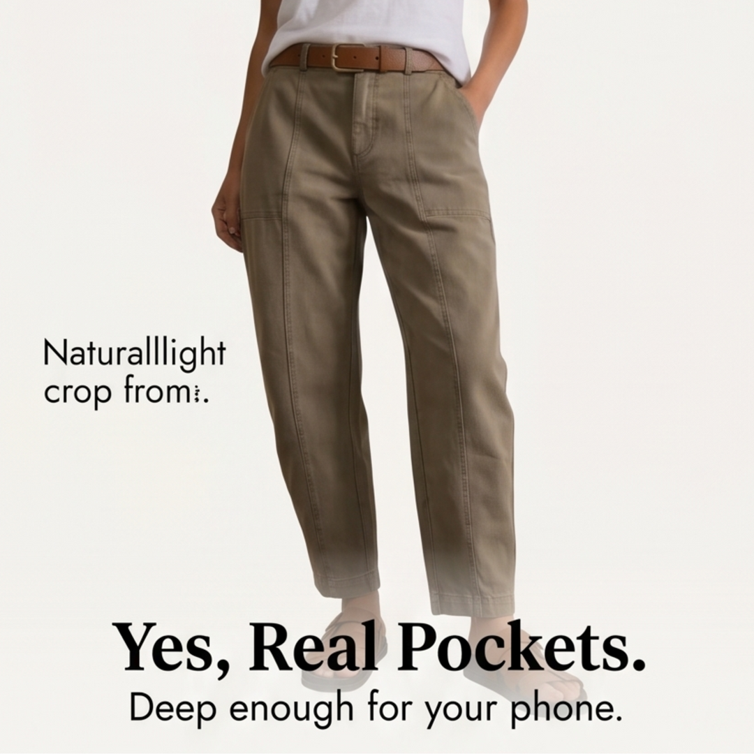 Detailed shot of utility pocket on casual tapered trousers