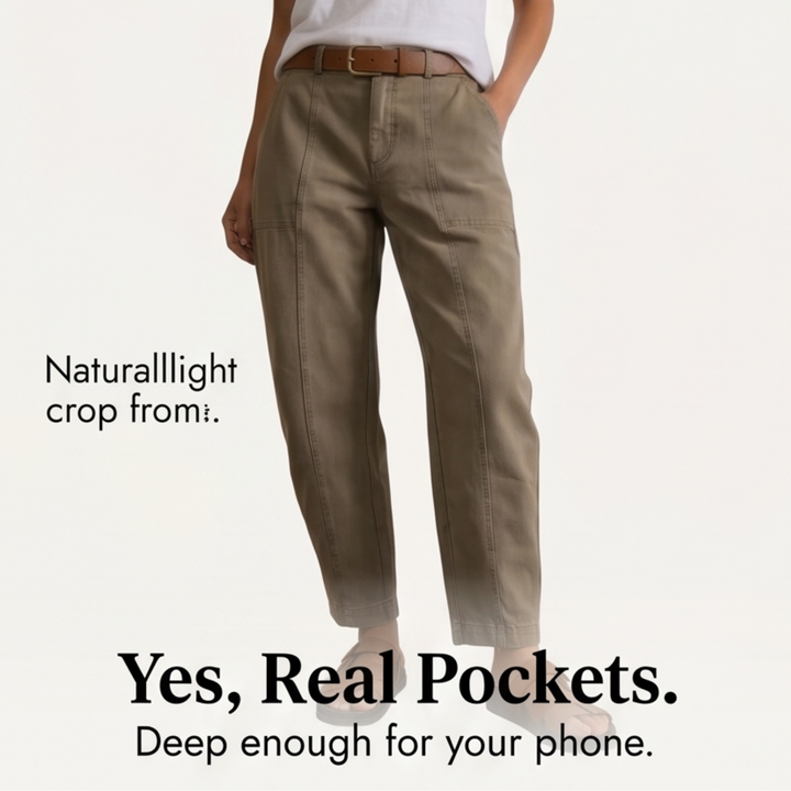Detailed shot of utility pocket on casual tapered trousers