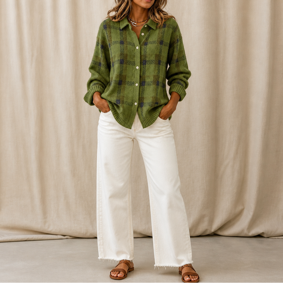 Womens plaid knit cardigan paired with casual bottoms for outfit inspiration