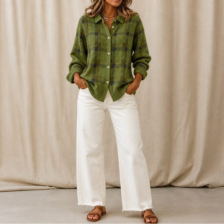 Womens plaid knit cardigan paired with casual bottoms for outfit inspiration