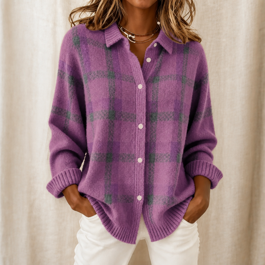 Hanging shot of the womens fashion plaid knitwear and outerwear