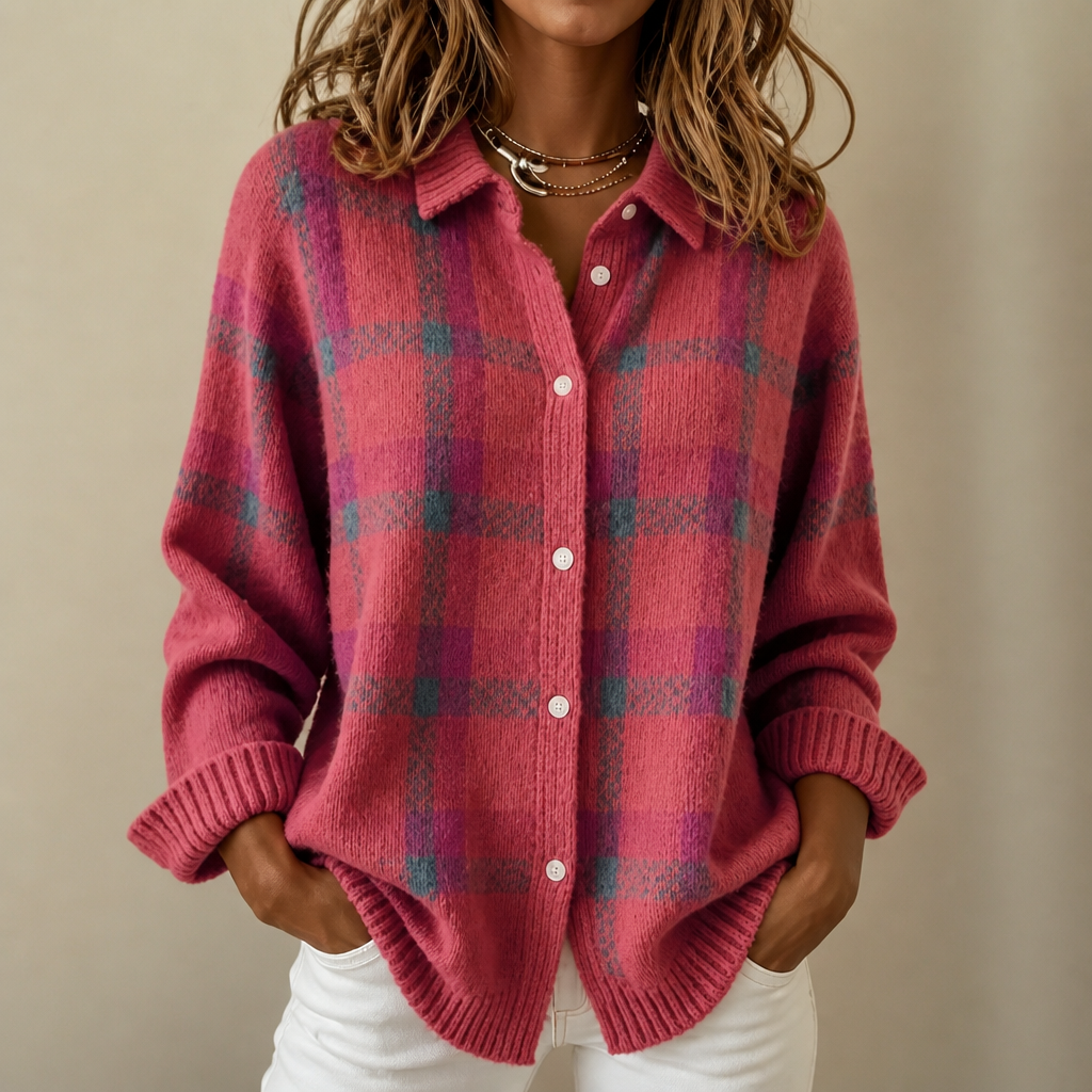 Angled view of the womens plaid knit shirt-collar cardigan