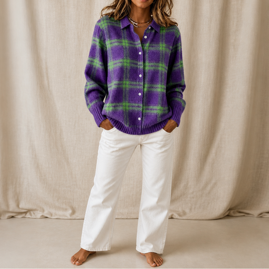 Flat lay of the womens fall fashion plaid cardigan with accessories
