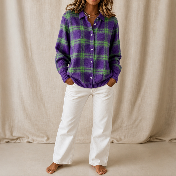 Flat lay of the womens fall fashion plaid cardigan with accessories