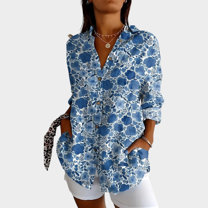 Back view of printed shirt for women featuring a comfortable button up silhouette