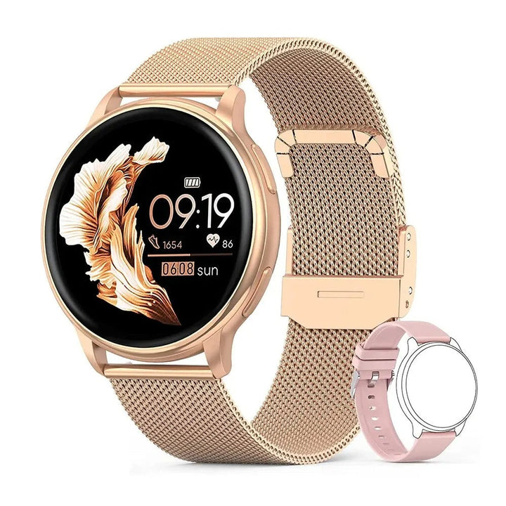 Rose gold women's fitness tracker watch with mesh band and custom display