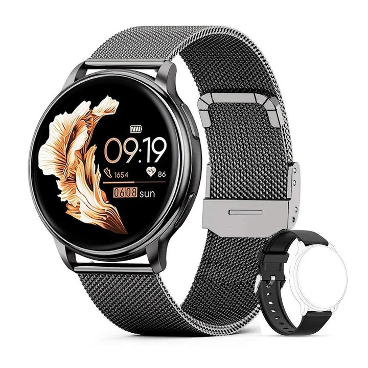 Black smart watch with metallic band and health monitoring screen