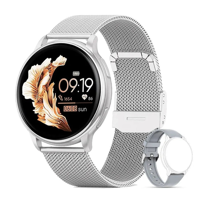 Silver fitness watch variant showing sleek circular case and interchangeable strap