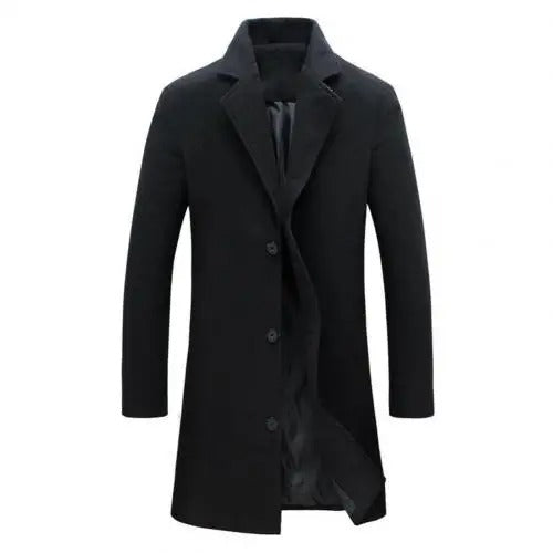 Classic black men's winter wool coat with button closure