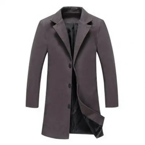 Men's winter trench coat back view showing tailored fit and long wool coat design
