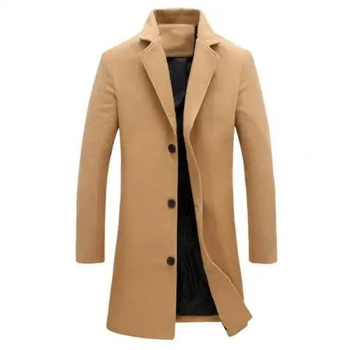 Khaki men's winter wool trench coat shown on a neutral background