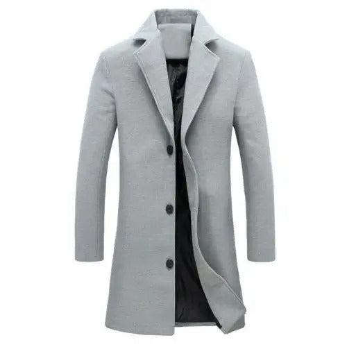 Light grey men's winter wool coat displayed front and center