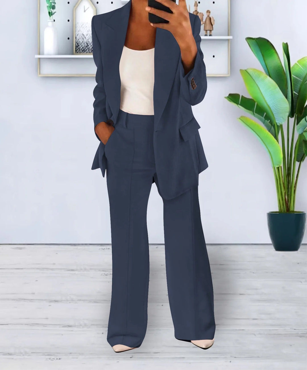 Womens tailored blazer and wide-leg pants matching set in business casual style