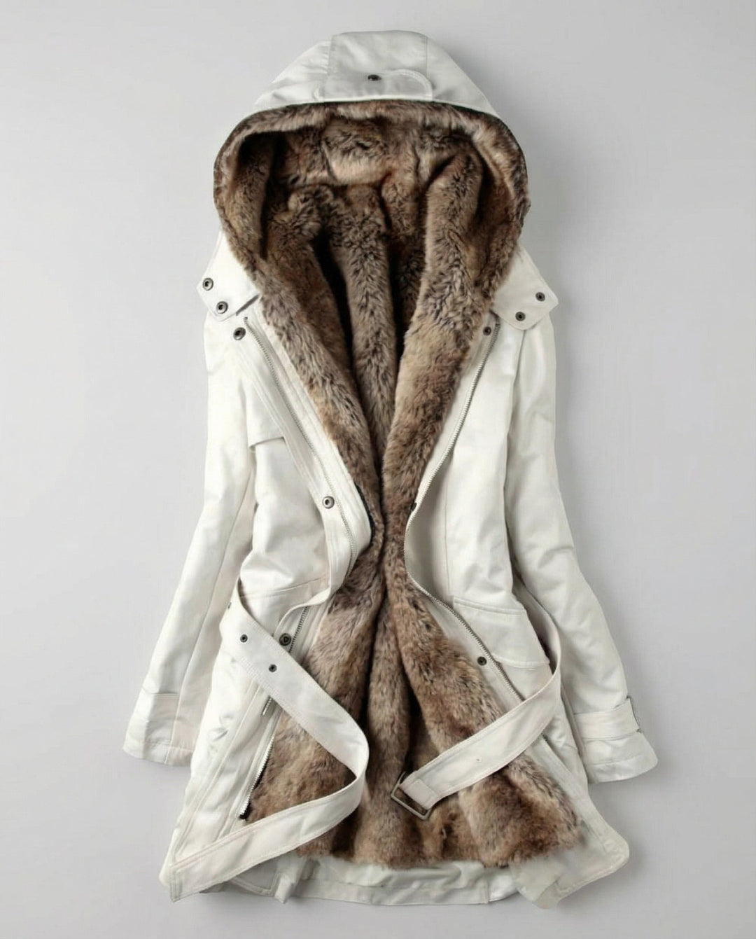 Beige women's long winter coat featuring cozy hood and belt