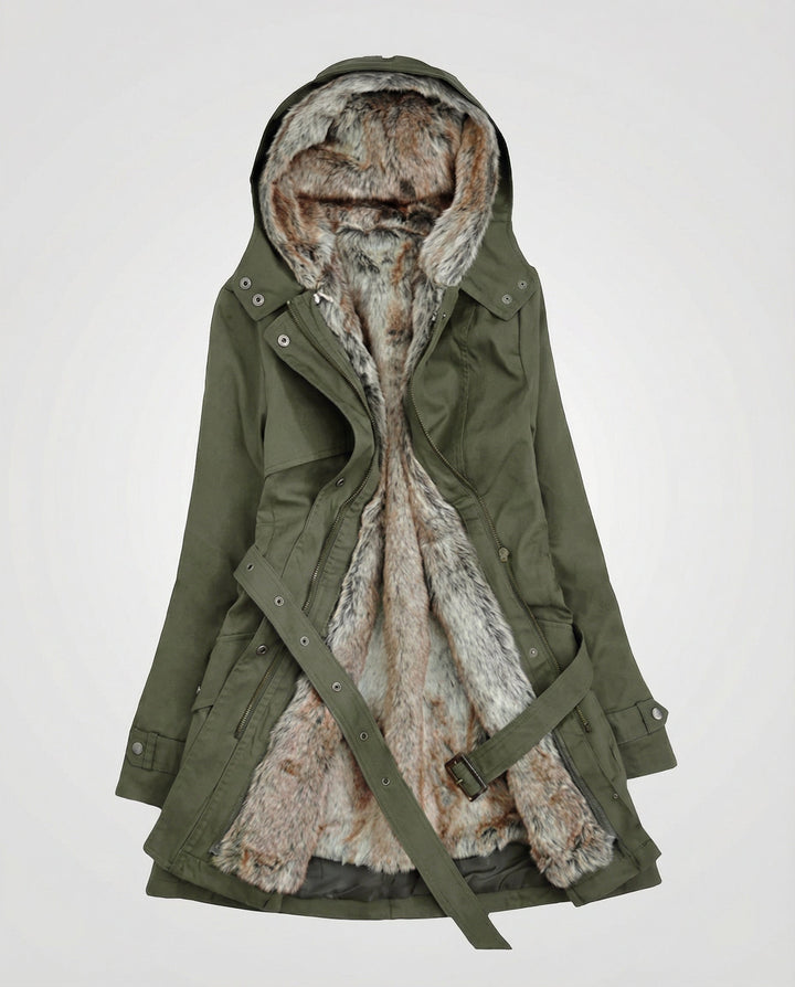 Green women's long winter coat with warm insulated design