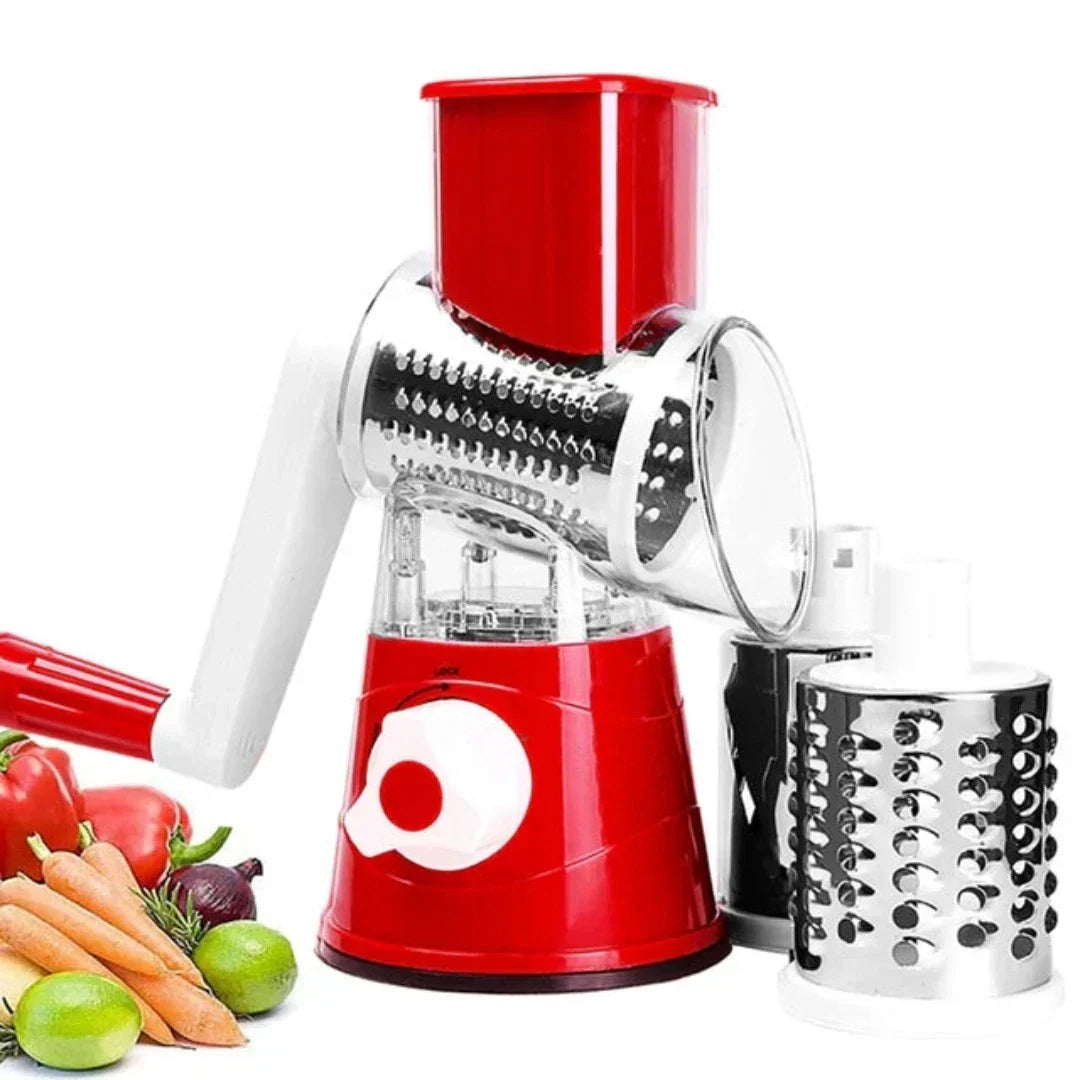 Red rolling vegetable slicer with interchangeable blades and fresh vegetables