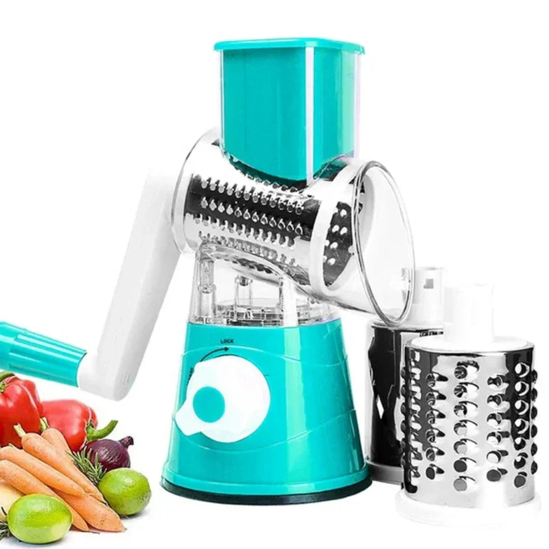 Blue rolling vegetable cutter with three rotary drum blades