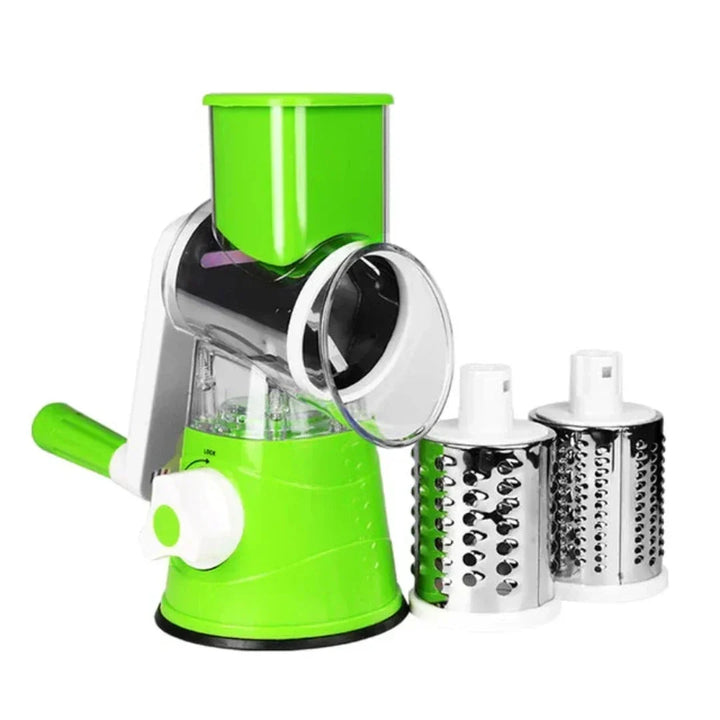 Green rolling vegetable slicer and rotary grater tool