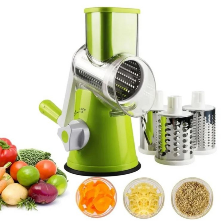 Multi-blade rotary cheese grater and vegetable slicer kitchen tool in action