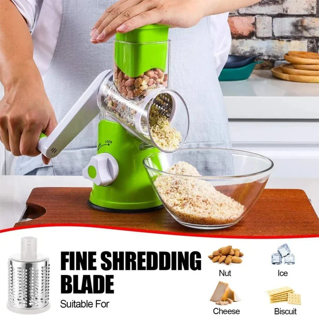 Close-up of stainless steel interchangeable blades for rotary vegetable chopper