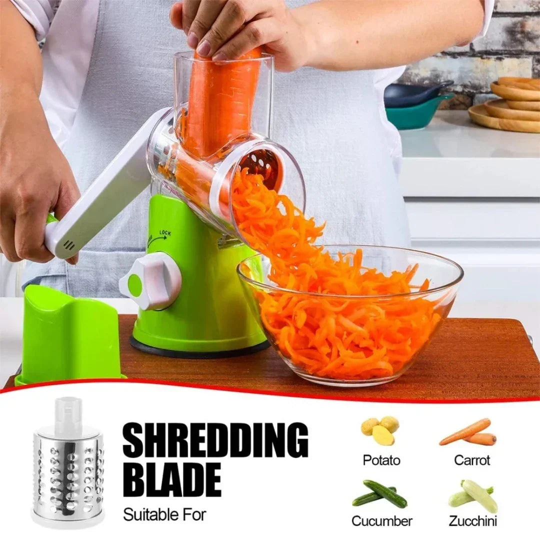 Sliced vegetables and grated cheese prepared using the rotary kitchen cutter