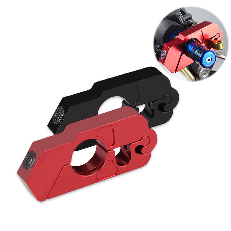 Red and black anti-theft scooter steering lock devices displayed together