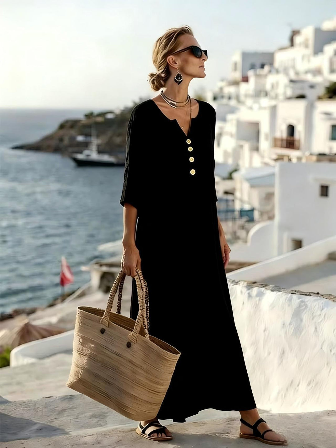 Woman wearing black V-neck summer maxi dress with straw tote bag in coastal town