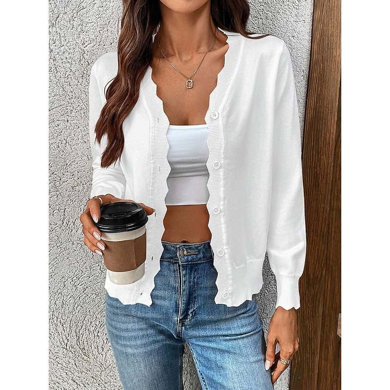 Women's scallop trim knit cardigan sweater with button front detail