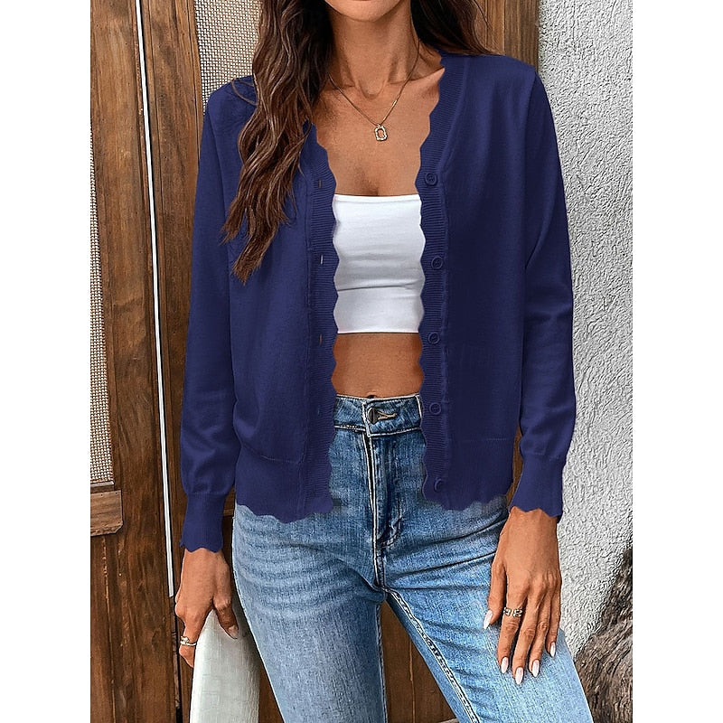Styled casual wear womens cardigan sweater featuring scallop edge trim