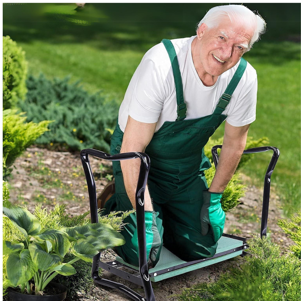 Senior man using a green folding garden seat and kneeler outdoors