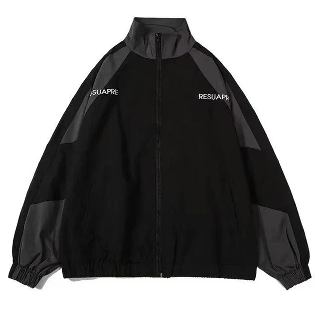 Men's black windbreaker jacket with gray panels on shoulders