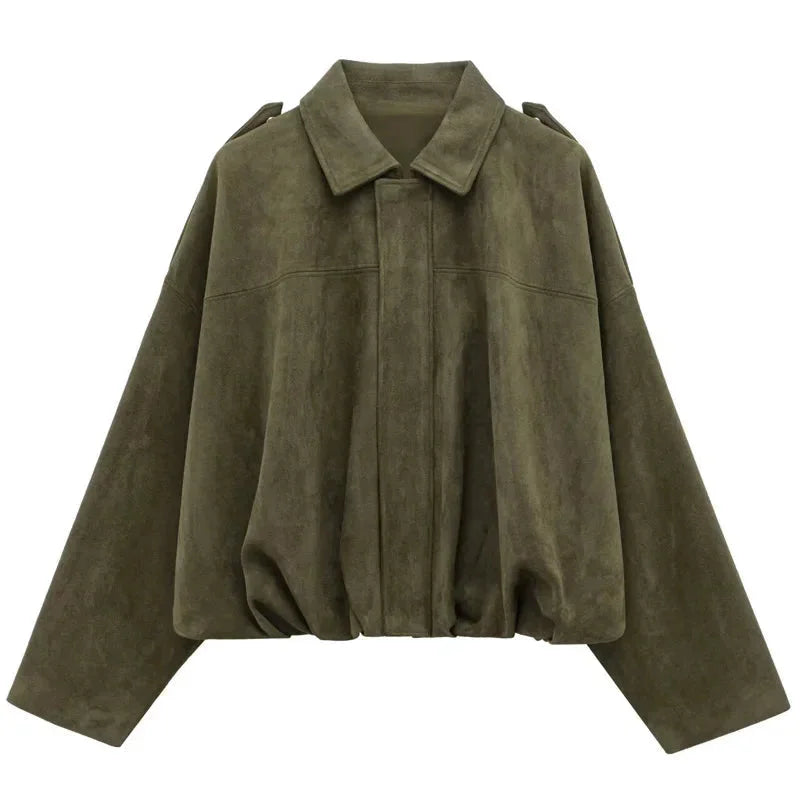 Collar and zipper detail on stylish womens cropped bomber jacket