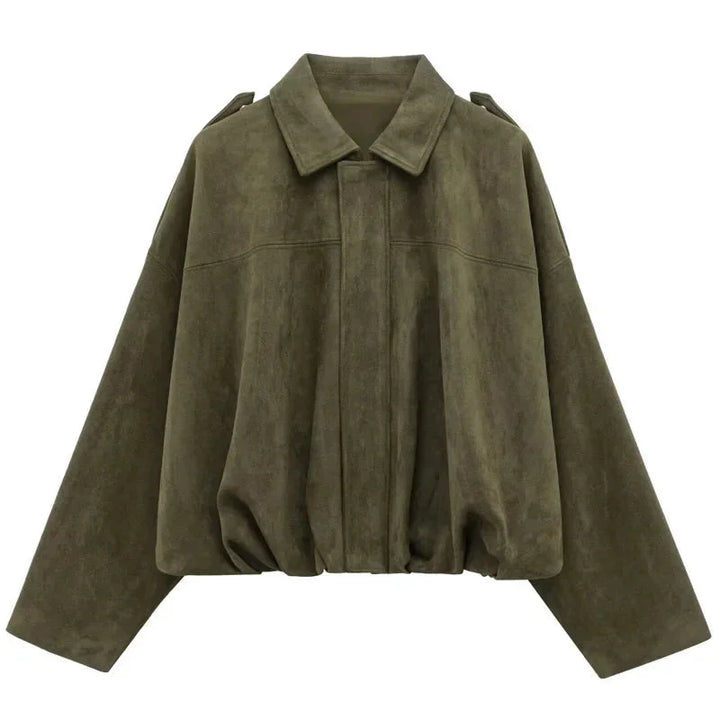 Collar and zipper detail on stylish womens cropped bomber jacket