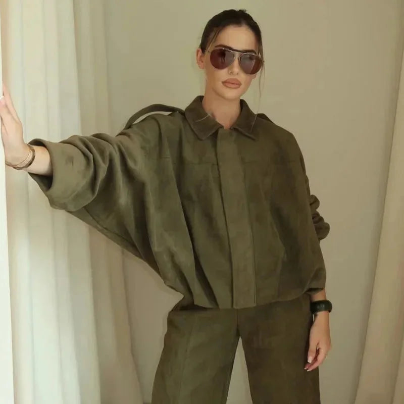 Back view of casual cropped bomber jacket for women fall fashion