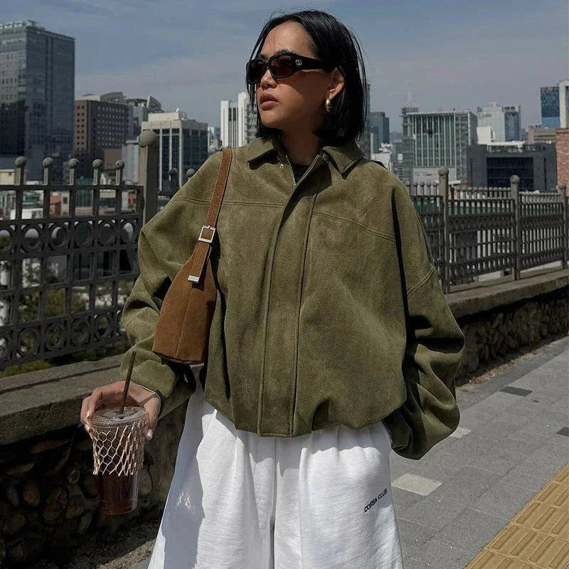 Women's oversized cropped bomber jacket in minimalist streetwear style