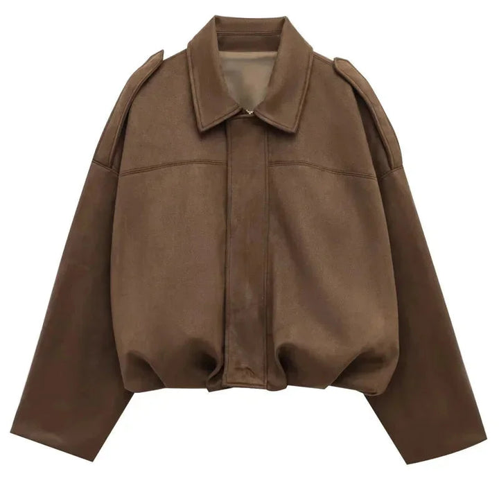 Side profile of oversized bomber jacket showing cropped fit