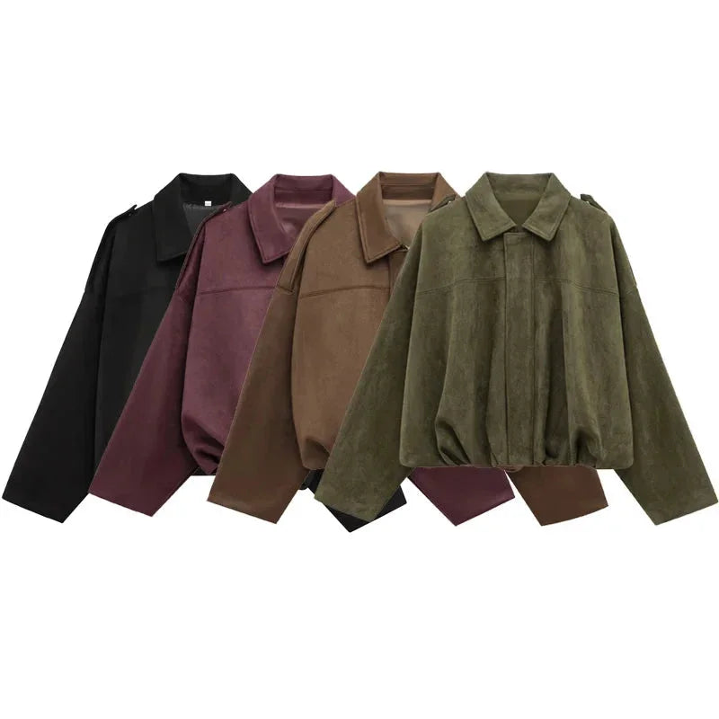 Four oversized cropped bomber jackets displayed in black, burgundy, brown, and green colors