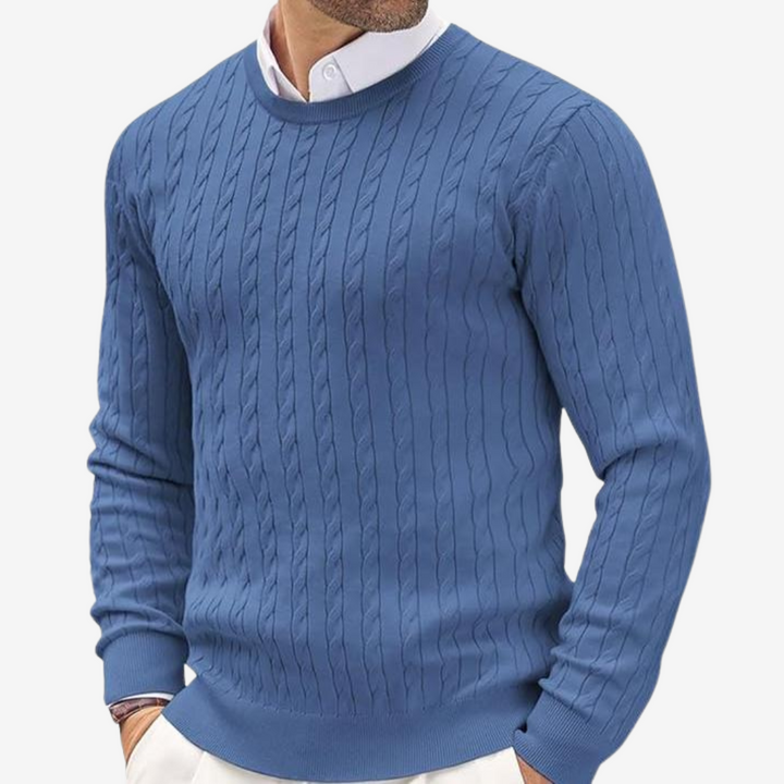 Mens classic crew neck cable knit sweater in winter fashion casual wear pullover style