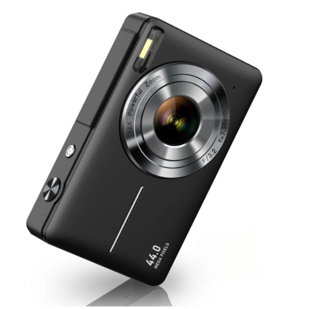 Top view of the portable retro camera highlighting the shutter button and mode dial