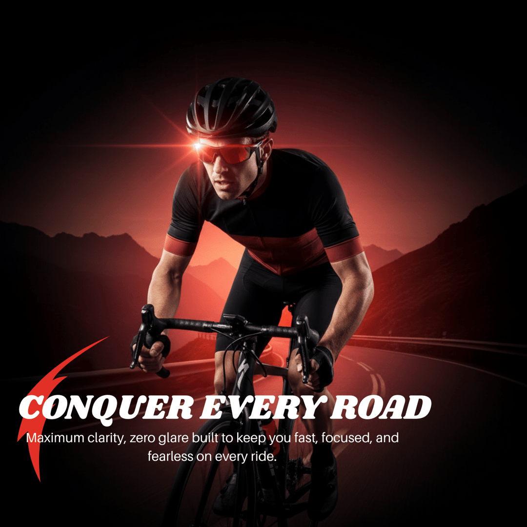 Cyclist wearing polarised wraparound sport sunglasses while riding on a road at sunset.