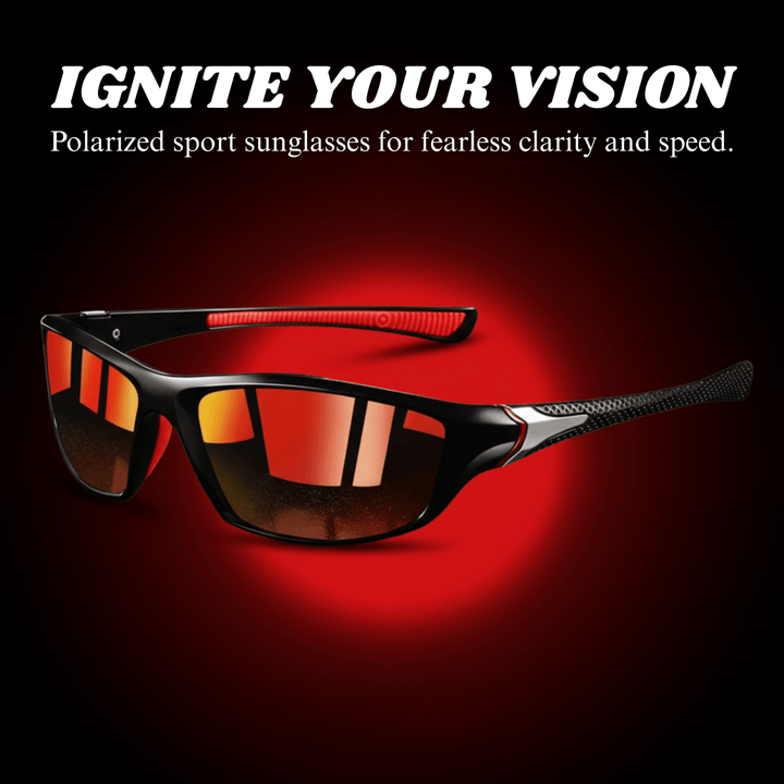Close-up view of polarised wraparound sport sunglasses featuring vibrant red mirrored lenses.