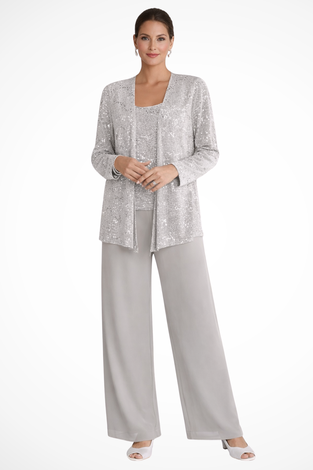 Full view of women's silver sequin 3 piece wide leg formal pant set