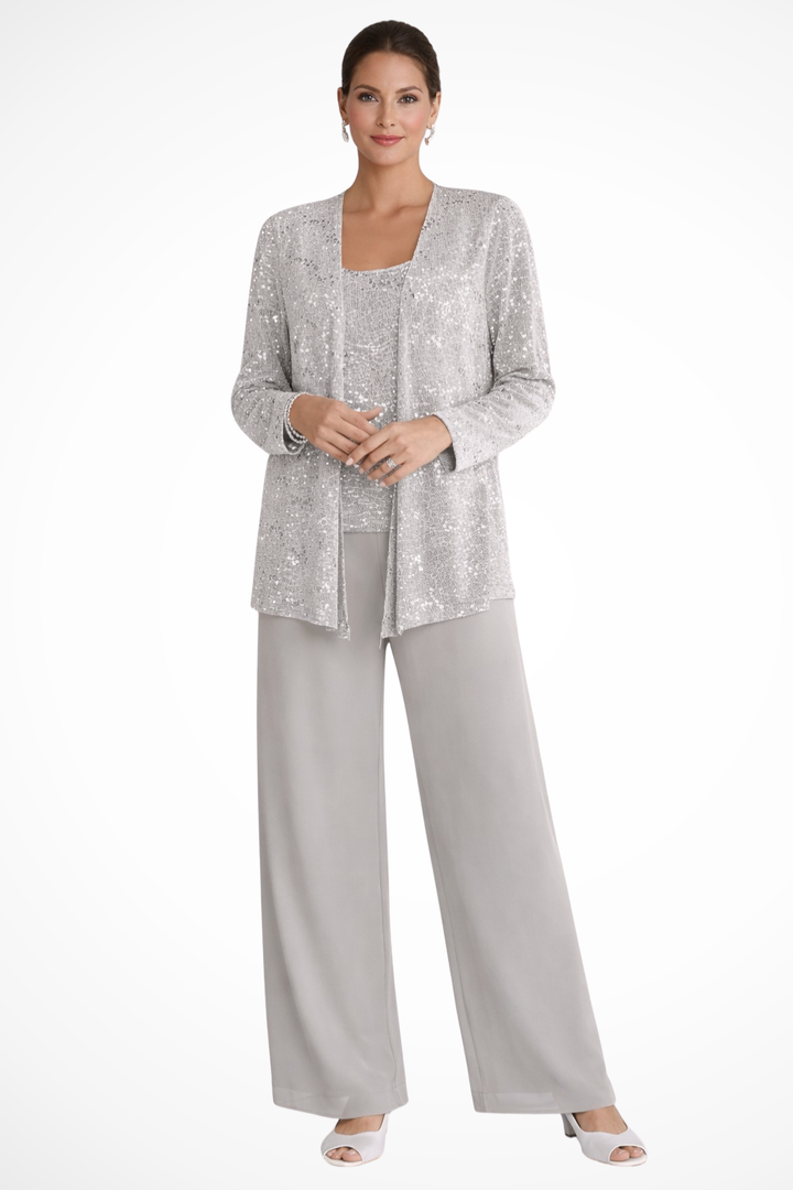 Full view of women's silver sequin 3 piece wide leg formal pant set