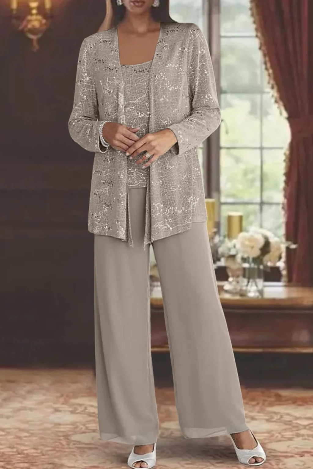 Detailed view of the elegant jacket included in the women's sequin pant set