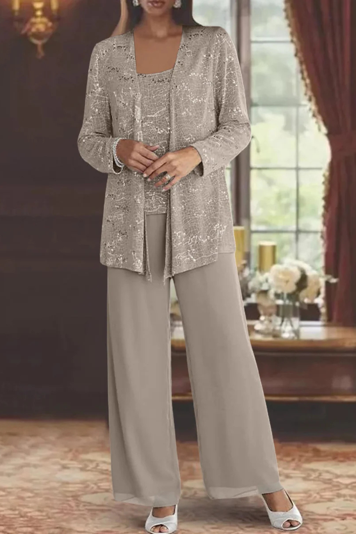 Detailed view of the elegant jacket included in the women's sequin pant set