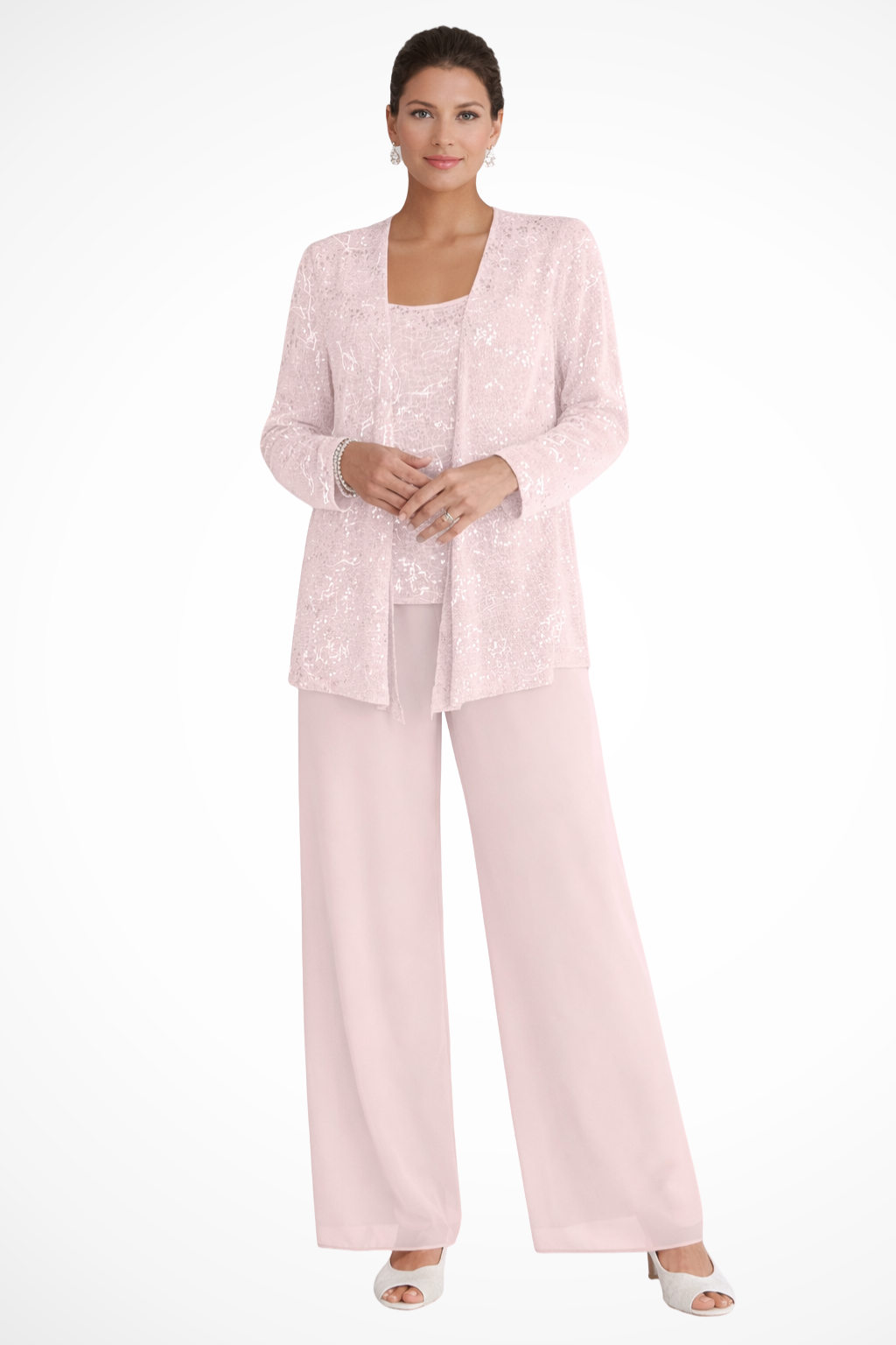 Lifestyle shot of model wearing the sparkling wedding outfit for formal events