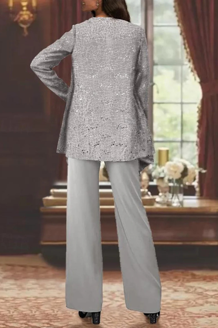 Full view of women's sequin 3 piece wide leg formal pant set in evening wear style